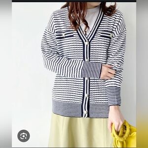 Tahari Navy Blue and White Striped Women's Button Down Cardigan Sweater NWOT